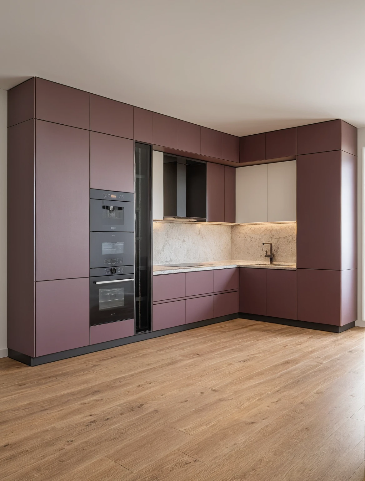 Raw photo,Masterpiece, high quality, best quality, authentic, super detail, interior , sunset, daylight, Kitchen Cabinets style modern, Induction cooker, sink, faucet, oven, built-in microwave, wooden floor, hood, wine cabinet, 