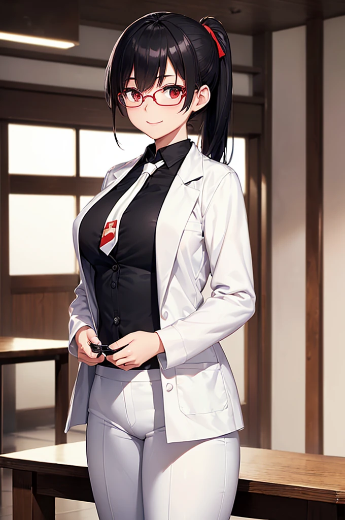 (masterpiece; best quality: 1.2), (finely detailed eyes: 1.3), ((25 year old woman)), ((solo)), (red eyes: 1.4), (body; curvy, lithe, femenine: 1.3), (black hair in low ponytail: 1.3), (beautiful and clear background: 1.2), ((depth of field)), (equipment: white unbuttoned labcoat + black shirt + white tie + white pants + black square glasses: 1.3), (anime illustration: 1.2), (background composition; japanese highschool classroom + furniture: 1.1), (extremely fine and beautiful: 1.1), (shot composition; standing + centered on torso + close-up: 1.5), (expression; calm, smile: 1.2)