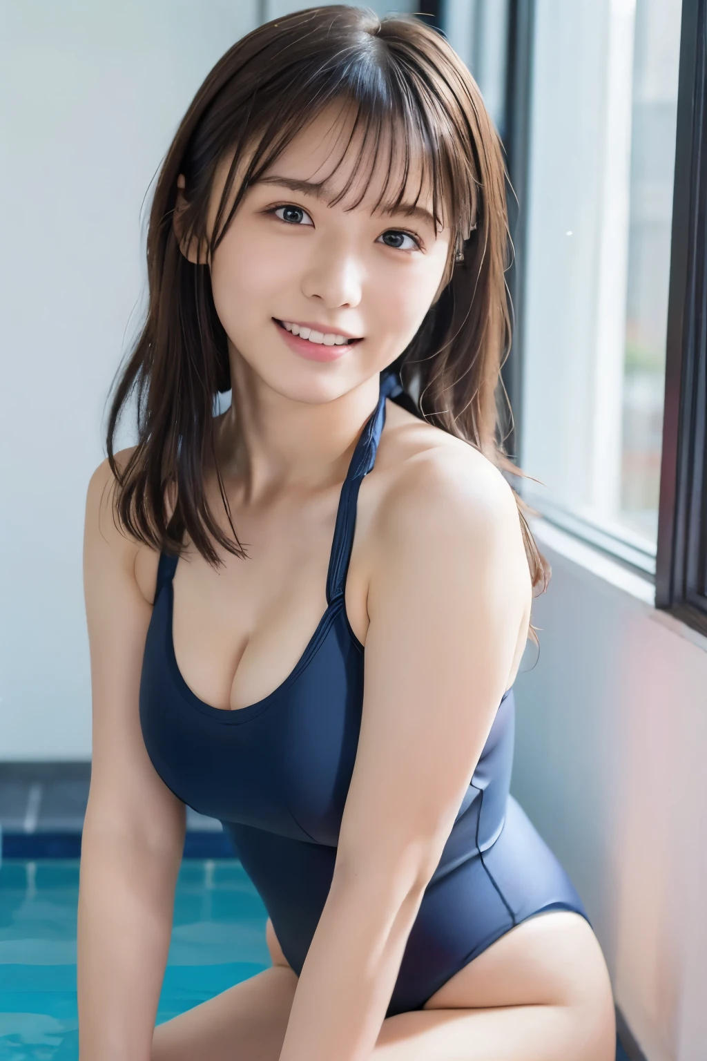 (1ung girl), Extremely cute face, Amazing face and eyes, (Highly detailed eyes, Highly detailed face), fresh, Very clean appearance, (Hyper-realistic, hight resolution), (Best Quality:1.4), Raw photo, (Realistic, Photorealsitic:1.37), Professional Photography , (cleavage:1.2), (Bare shoulders), Smile slightly, (Staring at me), Bedroom, girl portrait , 15  (school swimsuit:1.4)