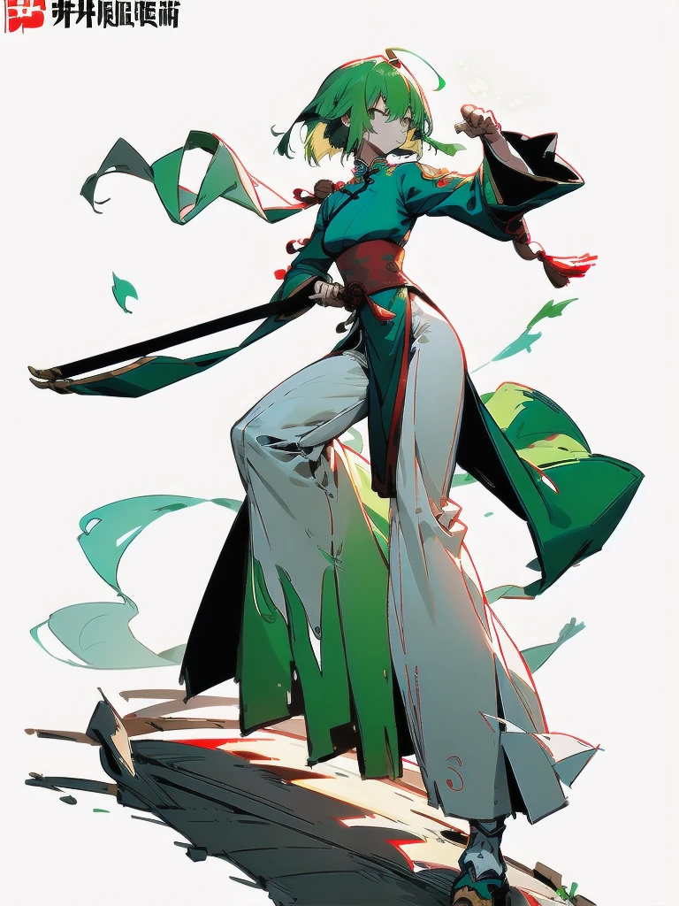 Green Hair、Her hair is short、small breast、upright stance、full body、Fighter、Uniform、Chinese Knight、Chinese style、White background、Simple Background、No exposure、China dress、pants、band、front、White clothes、Kung Fu、slender