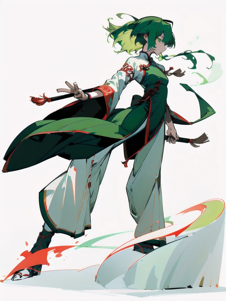 Green Hair、Her hair is short、small breast、upright stance、full body、Fighter、Uniform、Chinese Knight、Chinese style、White background、Simple Background、No exposure、China dress、pants、band、front、White clothes、Kung Fu、slender