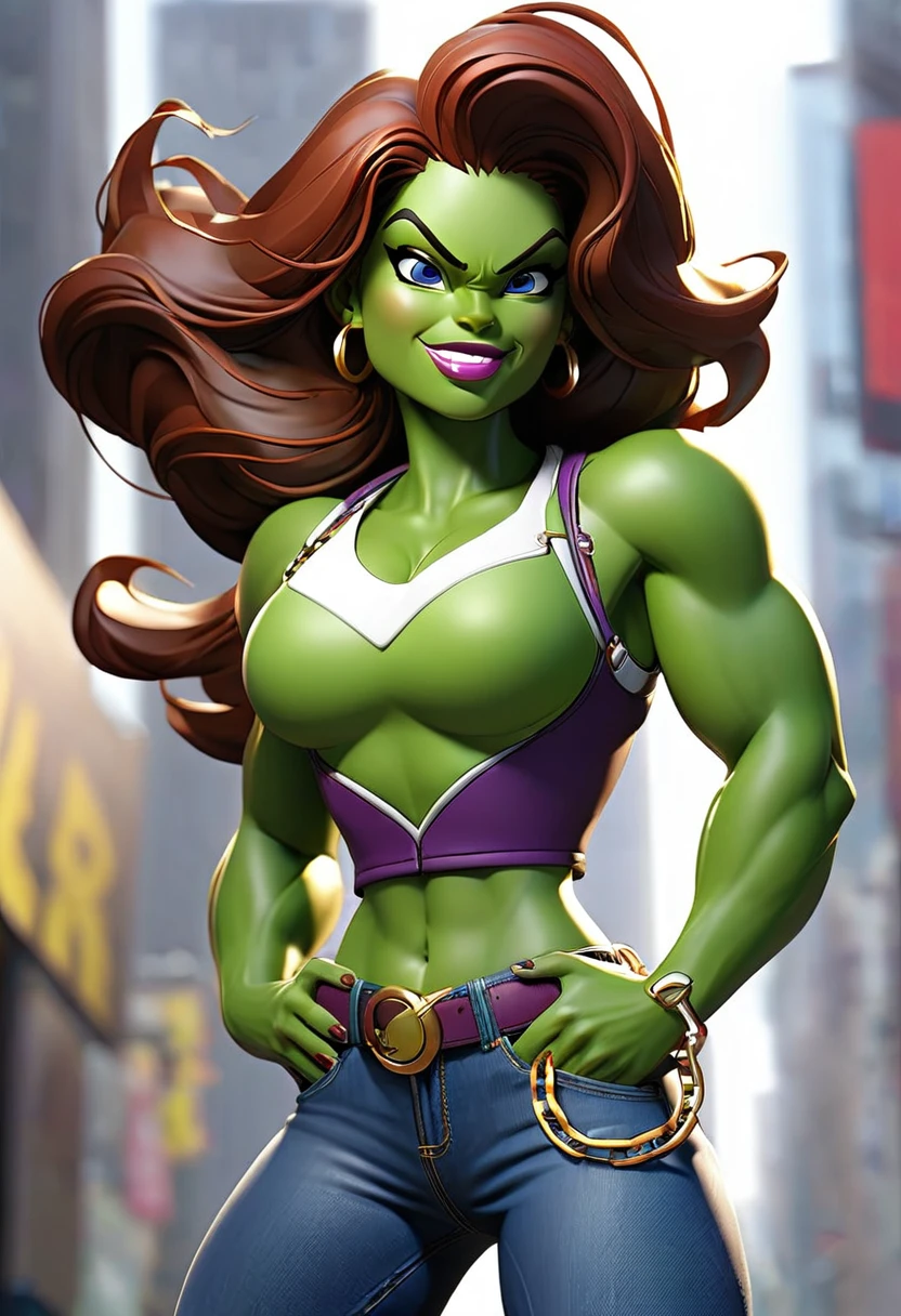 she hulk in new york city big-boobs and abs smile eyes and eyebrow normally