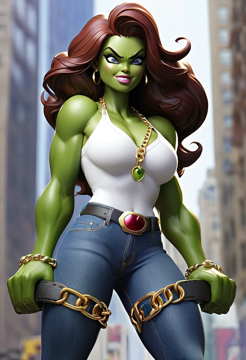 she hulk in new york city big-boobs  and abs smile  eyes and eyebrow  normally leather buckbelt on  short blue jeans and white tank shirt . jewelry  gold chain around neck