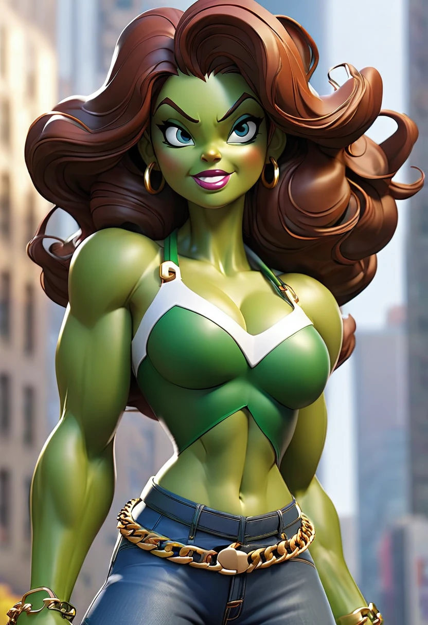she hulk in new york city big-boobs and abs smile eyes and eyebrow normally leather buckbelt on short blue jeans and white tank shirt . jewelry gold chain around neck