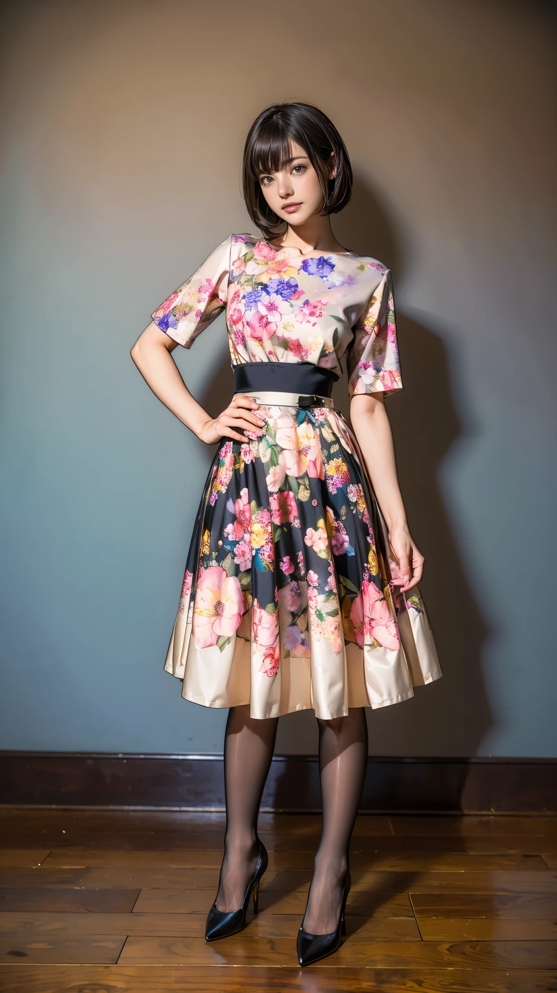 ((masterpiece)),(((Highest quality))),Thin thighs,Long legs,whole body:1.5,(One Girl:1.3),(Black pantyhose and thick pointy heels:1.3),(Wearing a floral mid-length skirt dress:1.2),Short blonde hair:1.2、Model pose,