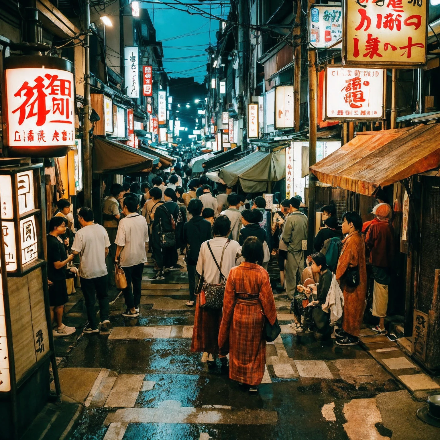 (masterpiece: 1.2, highest quality), snap shot, Japan's poor neighborhoods, Good old Japanese townscape、Poor conditions, (Dirty middle-aged man)、Dirty and old store、Showa Retro、Playing with friends on the street、Have fun eating and drinking with friends,