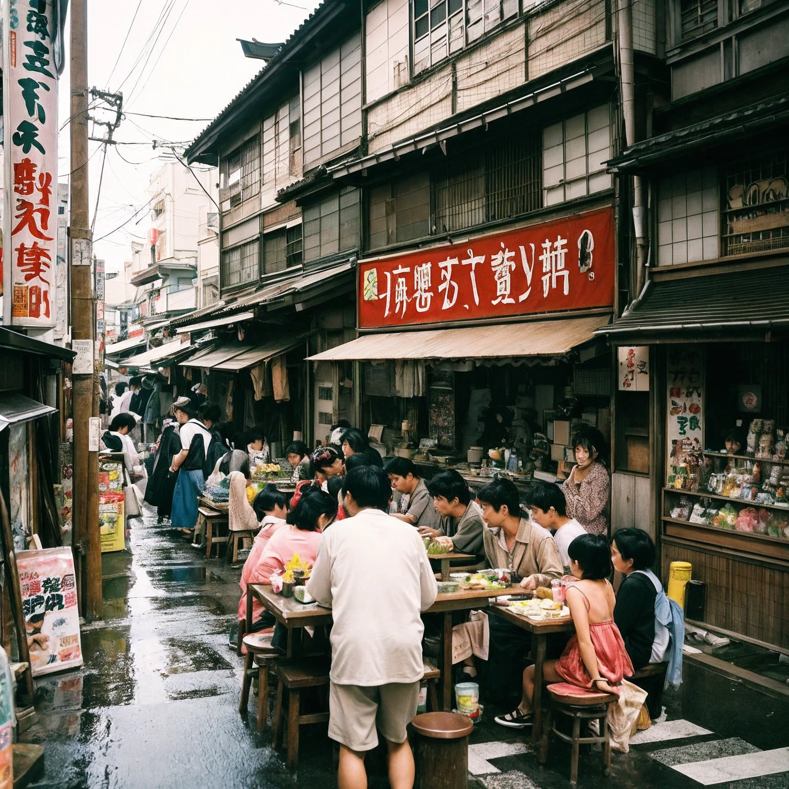 (masterpiece: 1.2, highest quality), snap shot, Japan's poor neighborhoods, Good old Japanese townscape、Poor conditions, (Dirty middle-aged man)、Dirty and old store、Showa Retro、Playing with friends on the street、Have fun eating and drinking with friends,