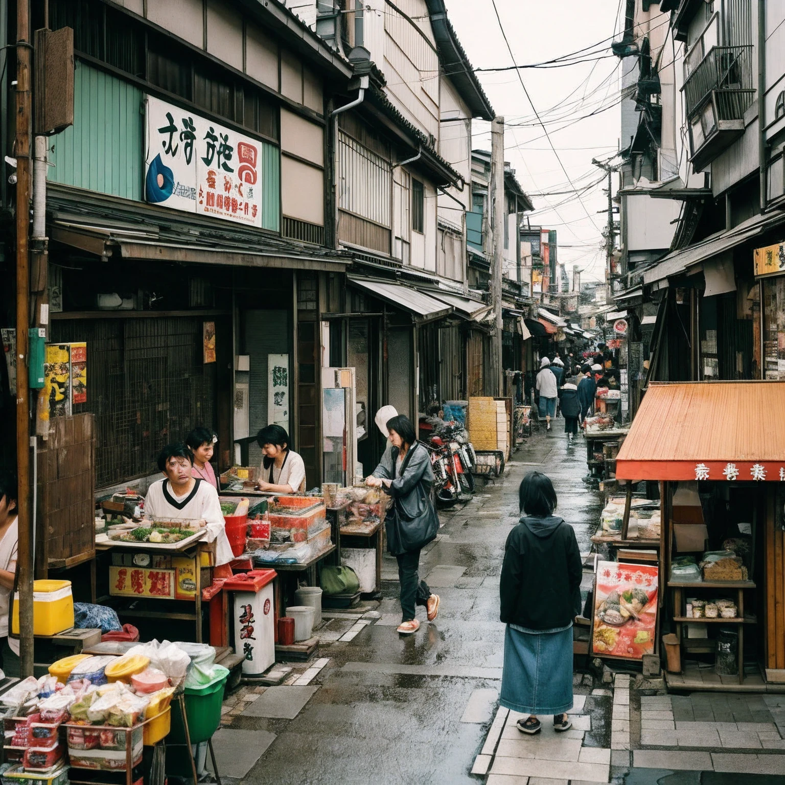 (masterpiece: 1.2, highest quality), snap shot, Japan's poor neighborhoods, Good old Japanese townscape、Poor conditions, (Dirty middle-aged man)、Dirty and old store、Showa Retro、Playing with friends on the street、Have fun eating and drinking with friends,