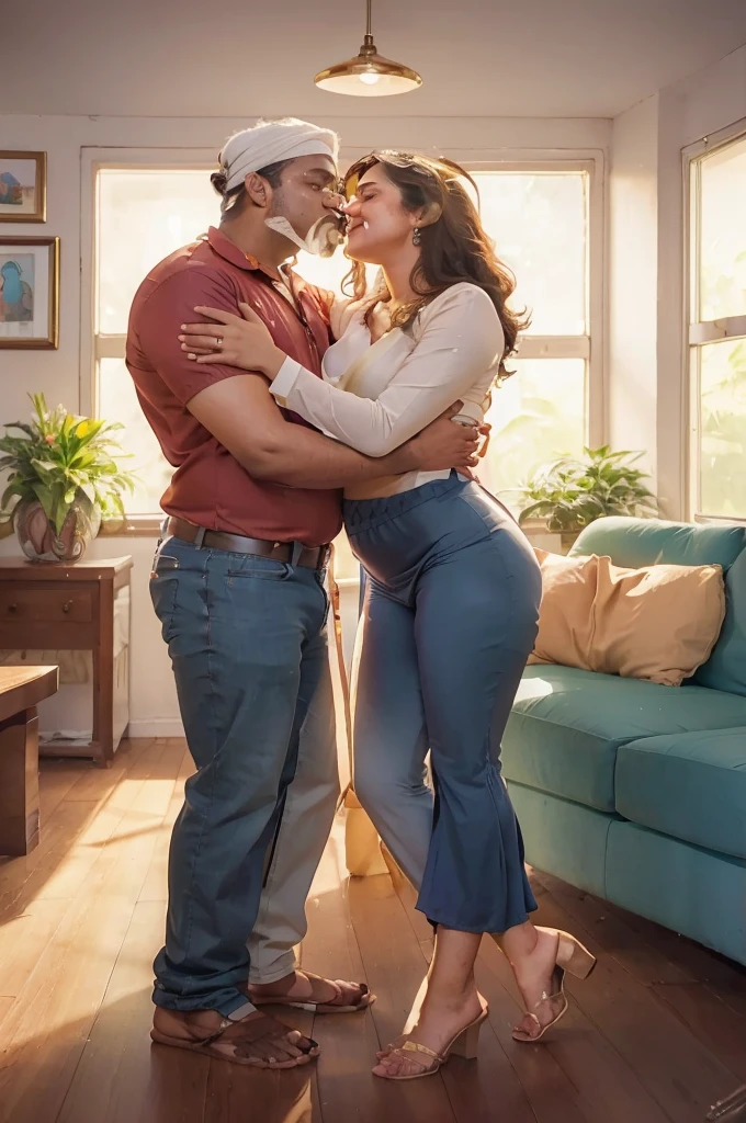 A radiant, full-figured South Indian plus-sized 30 year old teacher wearing a cream silky saree tenderly hugging and kissing a jubilant 20-year-old man in a living room, captured in a full-body image with vibrant hues and meticulous details.