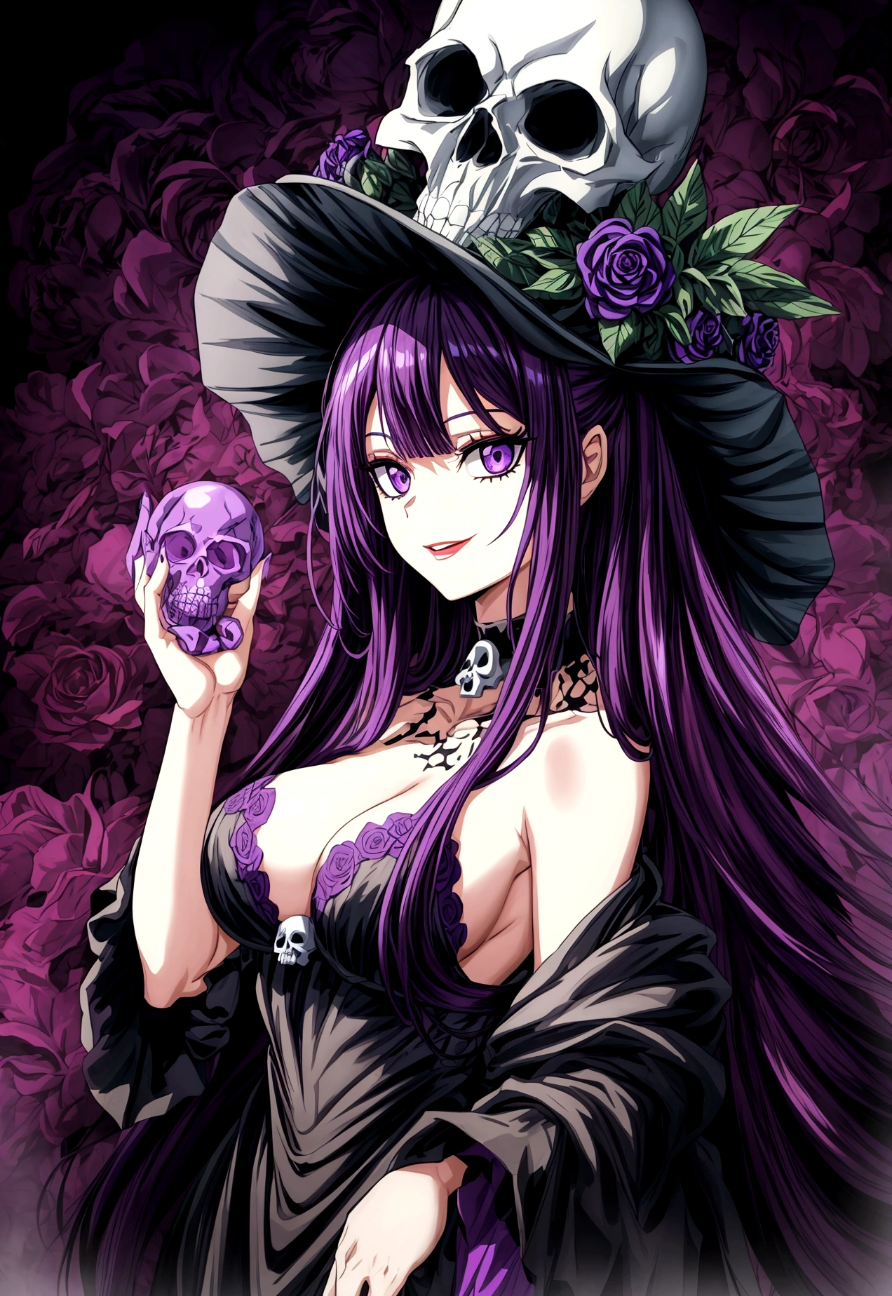 long purple hair girl , black dress with skull accessories that invokes poison and its surroundings are surrounded by poison and a poisonous landscape with poisonous gas ,look with crazy smile