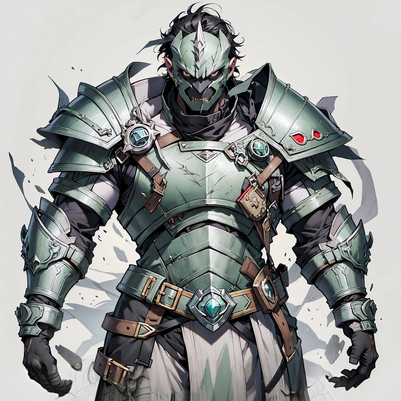 Black eyes and iris, Bblack hair, scar on the face, jump no nose, evil face, green and gray armor