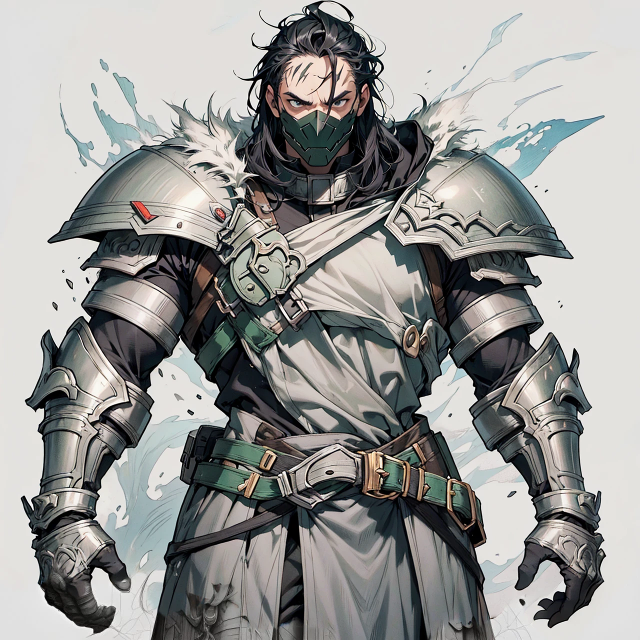 Black eyes and iris, Bblack hair, scar on the face, jump no nose, evil face, green and gray armor