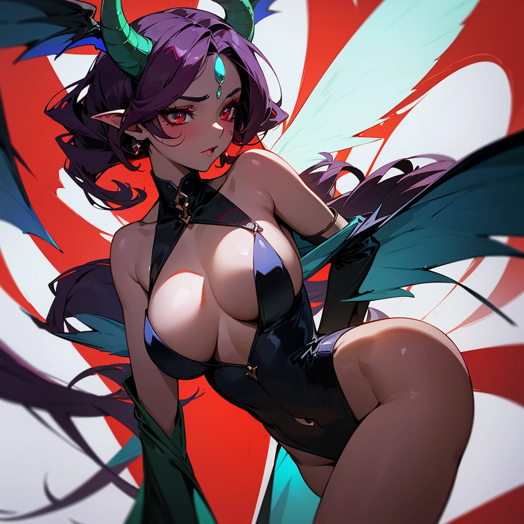 a female character, very beautiful, with a slender body, wearing a golden sari, sexy neckline, dark skin, dark and long curly hair with red highlights, her face with very heavy makeup, her face of an innocent person, with a look penetrating and enigmatic, his eyes are a deep turquoise green color, his appearance is that of a succubus, horns and wings of a succubi, a succubi with a more demonic appearance.