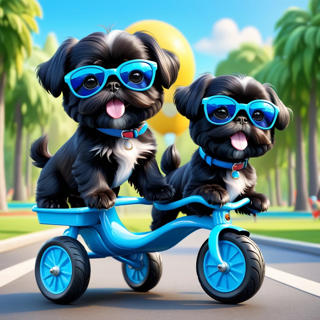 2 Adorable small black Shih Tzu puppies wearing blue sunglasses riding tricycles park background 3d cartoon 3d render disney pixar style