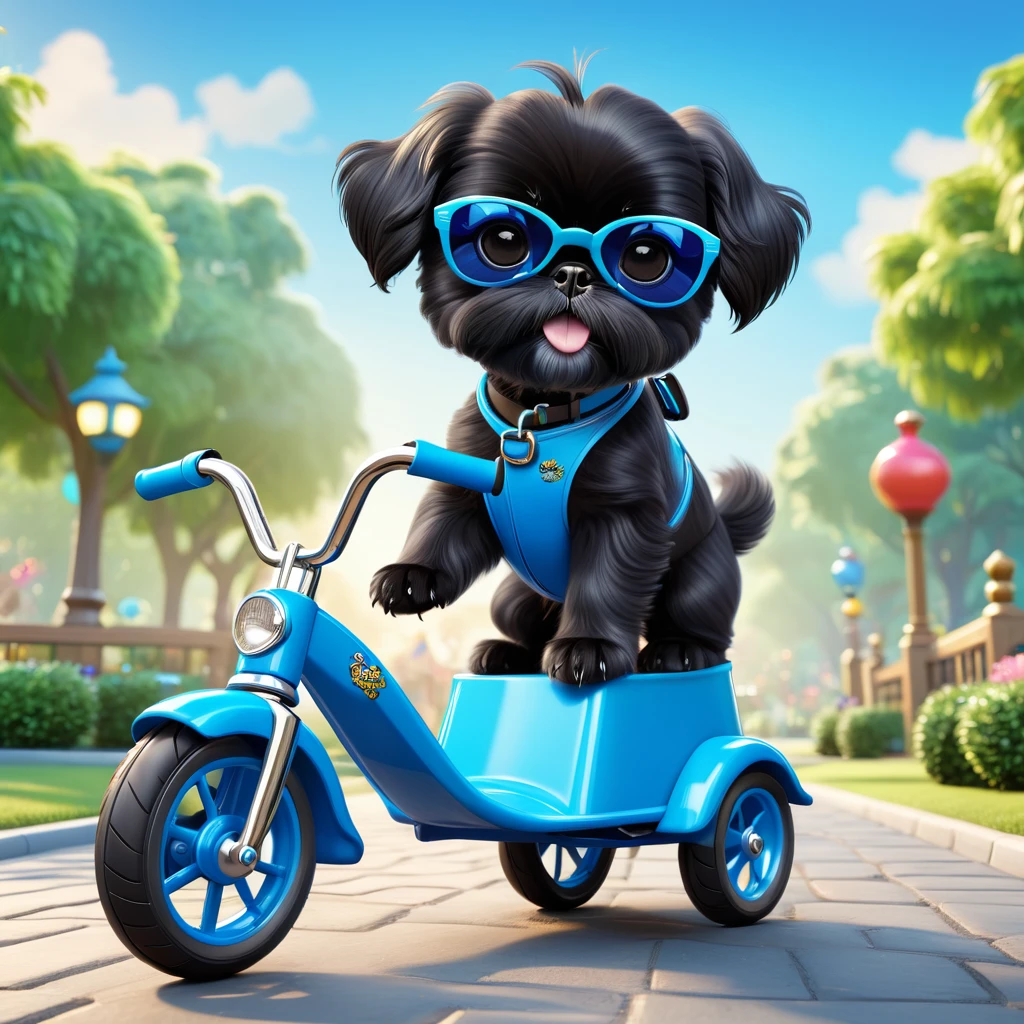 2 Adorable small black Shih Tzu puppies wearing blue sunglasses riding tricycles park background 3d cartoon 3d render disney pixar style