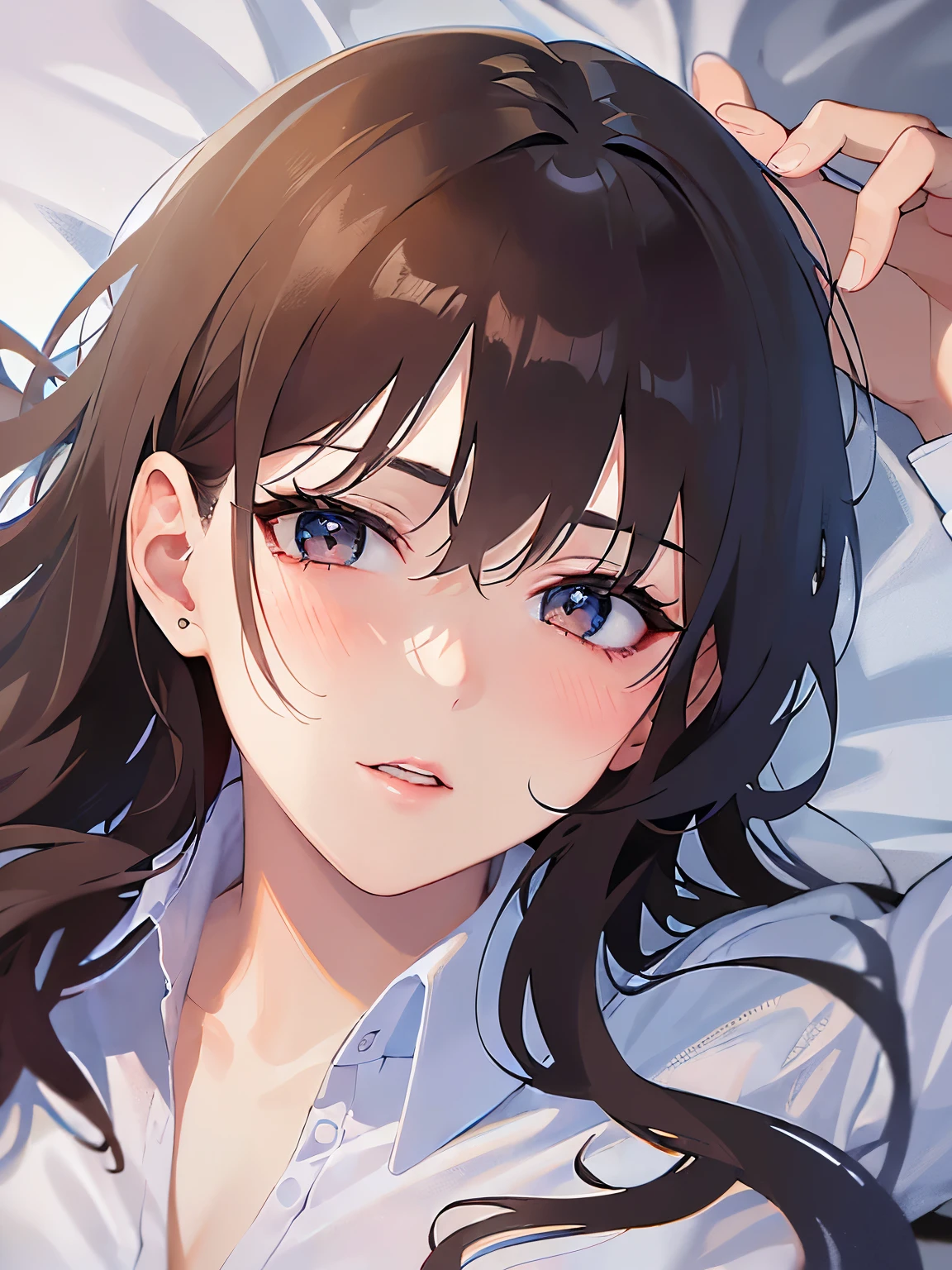 (looking at viewer:1.5),(reaching arms:1.5)and(on back:1.5),
Realistic, real person, (pale skin: 1.2), RAW photo, photorealistic, portrait photography, shiny skin, shiny hair、 (A 35-year-old woman with bangs) and (wavy hair) and (brown hair) and (Orange Eyes) , (business suit:1.5)and (Wearing a white collared shirt)、
(blush:1.5),Cleavage、Sleeping on the sofa