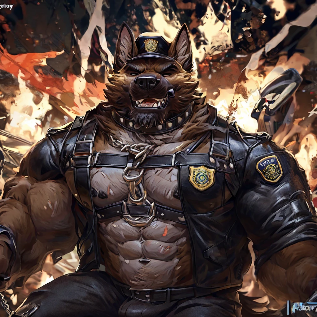 muscular male anthropomorphic german shepherd, open chest, black leather jacket, black leather harness, police badge, black leather pants, black leather boots, black fur on body, tan fur on body, light light brown fur on body, cigar lit in mouth, black leather collar, silver chain, extremely detailed, rugged and intimidating, (focus body)