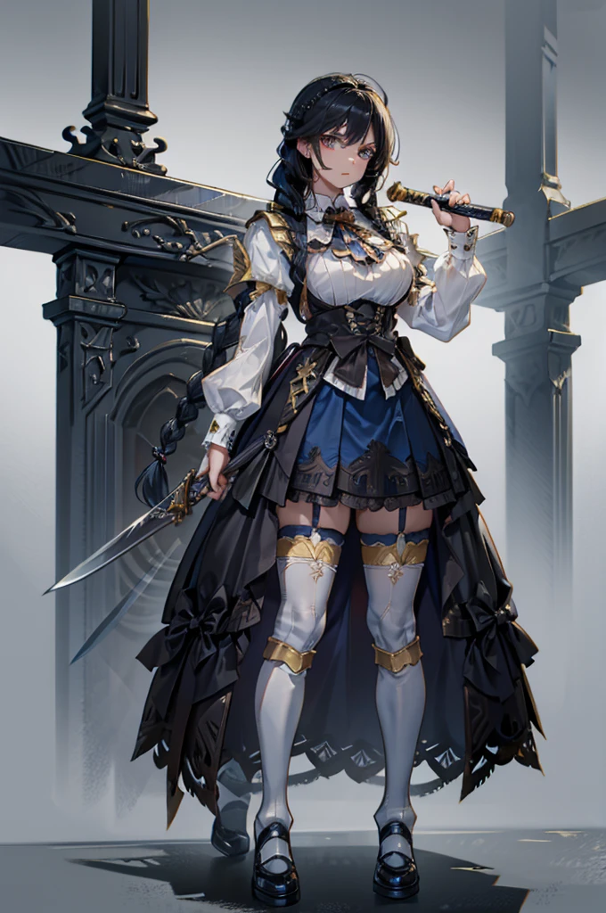 Correct body proportions，Golden ratio，braid，braid，braid，braid，Braid，单侧braid，单条braid，Dress，蓝色Dress，Blue skirt，Black Hair，Black Hair，Golden Eyes，Golden pupils，Lace decoration，White knee socks，White garter stockings，White socks，White tights，White Silk，Black boots，Black boots，Sassy，Handsome，murderous，murderous，Vicious，cool girl，Mature girl，Busty girl，Fantasy style，Fantasy style，Close-up above the waist，Big breasts，Big breasts，Fantasy style，Dark Style，Gothic style，Holding a big sword，holding enormous sword