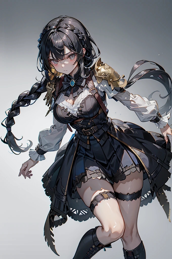 Correct body proportions，Golden ratio，braid，braid，braid，braid，Braid，单侧braid，单条braid，Dress，蓝色Dress，Blue skirt，Black Hair，Black Hair，Golden Eyes，Golden pupils，Lace decoration，White knee socks，White garter stockings，White socks，White tights，White Silk，Black boots，Black boots，Sassy，Handsome，murderous，murderous，Vicious，cool girl，Mature girl，Busty girl，Fantasy style，Fantasy style，Close-up above the waist，Big breasts，Big breasts，Fantasy style，Dark Style，Gothic style，Holding a big sword，holding enormous sword