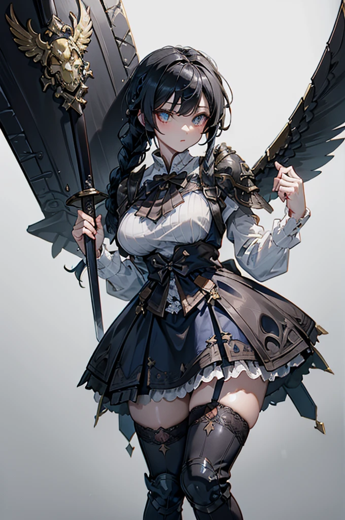 Correct body proportions，Golden ratio，braid，braid，braid，braid，Braid，单侧braid，单条braid，Dress，蓝色Dress，Blue skirt，Black Hair，Black Hair，Golden Eyes，Golden pupils，Lace decoration，White knee socks，White garter stockings，White socks，White tights，White Silk，Black boots，Black boots，Sassy，Handsome，murderous，murderous，Vicious，cool girl，Mature girl，Busty girl，Fantasy style，Fantasy style，Close-up above the waist，Big breasts，Big breasts，Fantasy style，Dark Style，Gothic style，Holding a big sword，holding enormous sword