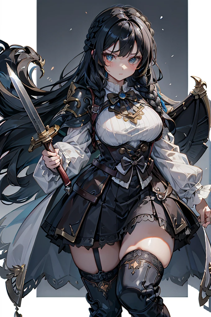 Correct body proportions，Golden ratio，braid，braid，braid，braid，Braid，单侧braid，单条braid，Dress，蓝色Dress，Blue skirt，Black Hair，Black Hair，Golden Eyes，Golden pupils，Lace decoration，White knee socks，White garter stockings，White socks，White tights，White Silk，Black boots，Black boots，Sassy，Handsome，murderous，murderous，Vicious，cool girl，Mature girl，Busty girl，Fantasy style，Fantasy style，Close-up above the waist，Big breasts，Big breasts，Fantasy style，Dark Style，Gothic style，Holding a big sword，holding enormous sword