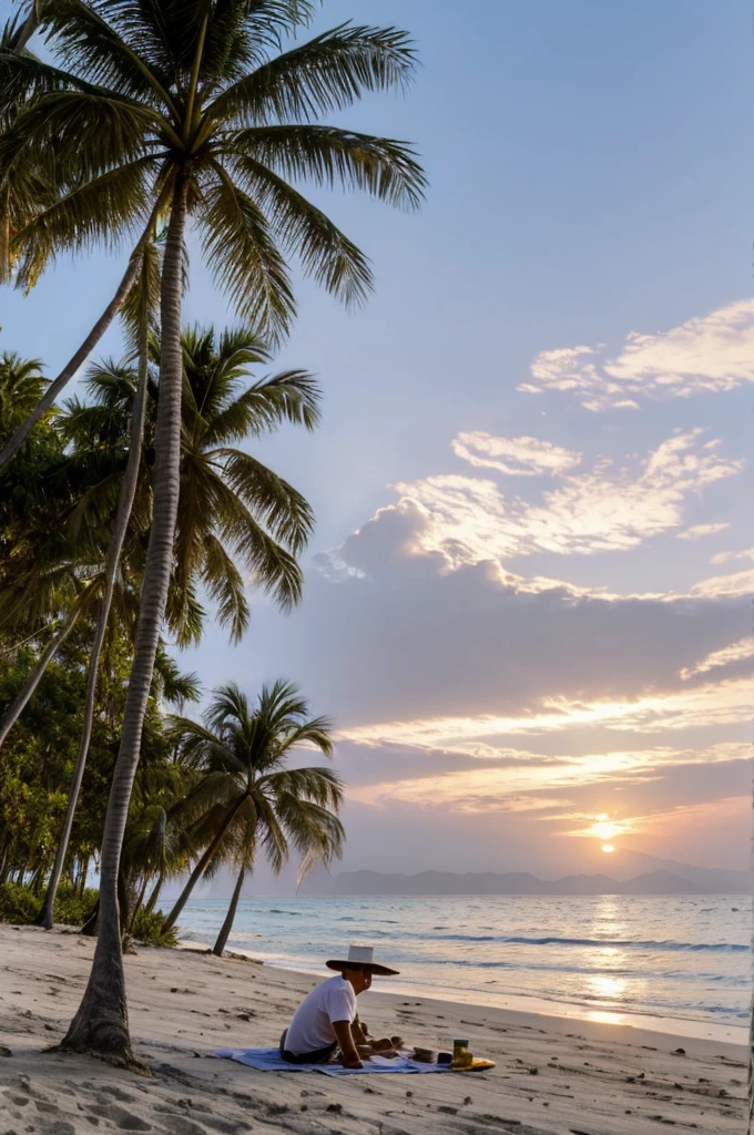 A European man is lying on a beach by the sea. He is wearing light-colored shorts and a white shirt with the sleeves rolled up. On his head is a straw-colored panama. He is lying on the sand with his feet toward the water. One of his legs is bent and his other leg is thrown over it. On his stomach lies a laptop on which he is working. There are a few palm trees growing on the beach, and mountains can be seen in the distance. On the horizon is a beautiful sunset, painting the sky in bright, warm colors.