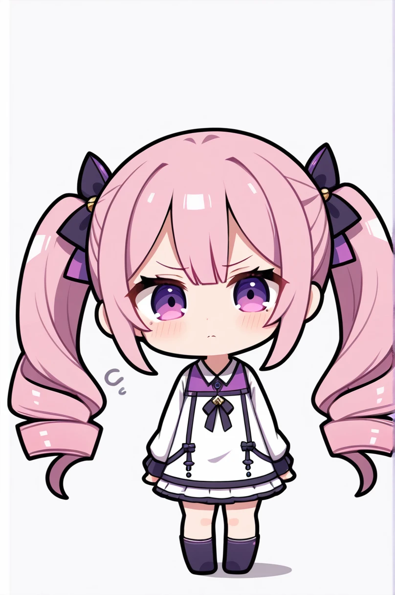 One girl, alone, (chibi 2), Drill Hair, Long Hair, Pink Hair, ,Purple eyes,Has a sad face, Shine, Twin Drill, Twin tails,Simple white background,whole body,
