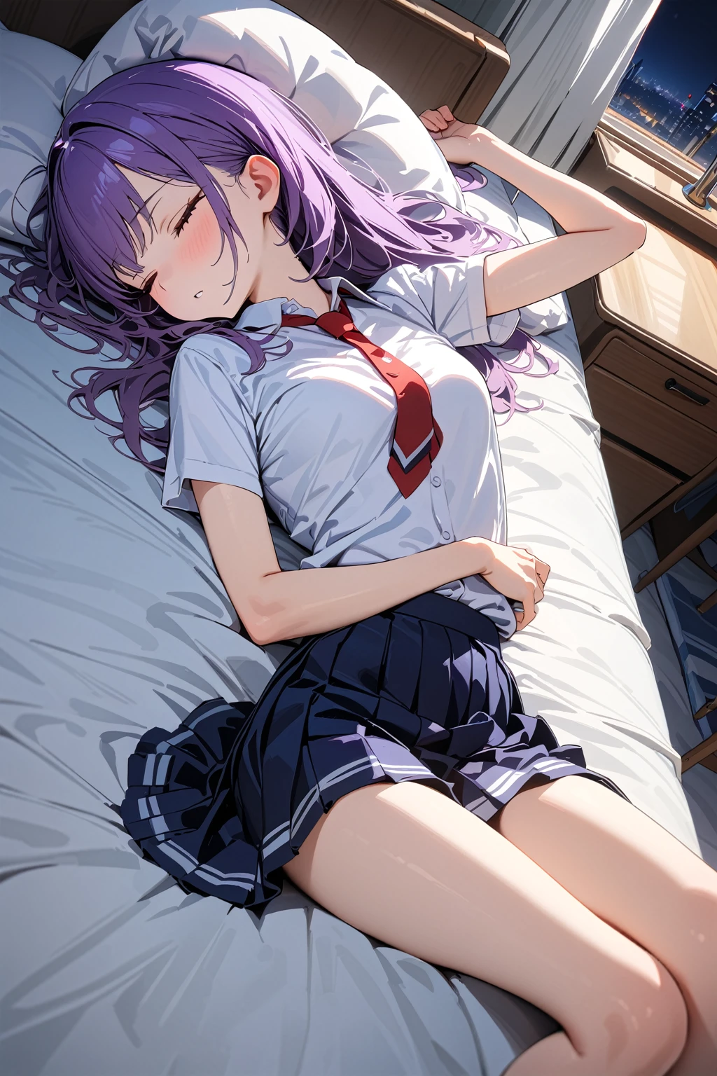 (masterpiece, best quality:1.5), (ultra detailed, high resolution, 8k, beautiful detailed, UHD, best anatomy), purple hair, small breasts, 1  high school girl, barefoot, bed room, night,  flared skirt, short-sleeve  shirt, Red thin tie, closed eyes, put one's head on a pillow, Lying on the bed, side angle