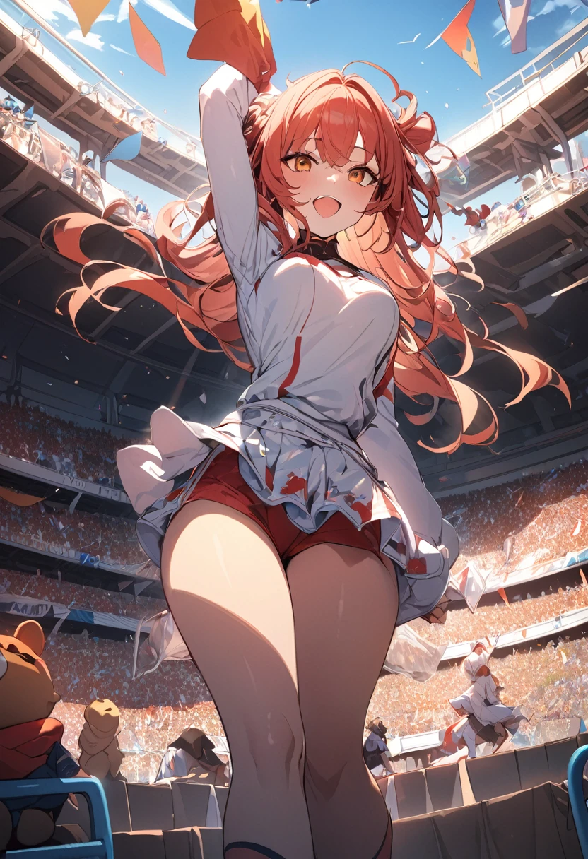 (masterpiece:1.4), (Highest quality:1.4), Very detailed, Complex, Super detailed, (Perfect Face), figure,Soft lighting, Scenic, One girl, Happy, Bright auburn hair, colorful, Colorized, from_Under ,fish_Costumes , Stadium