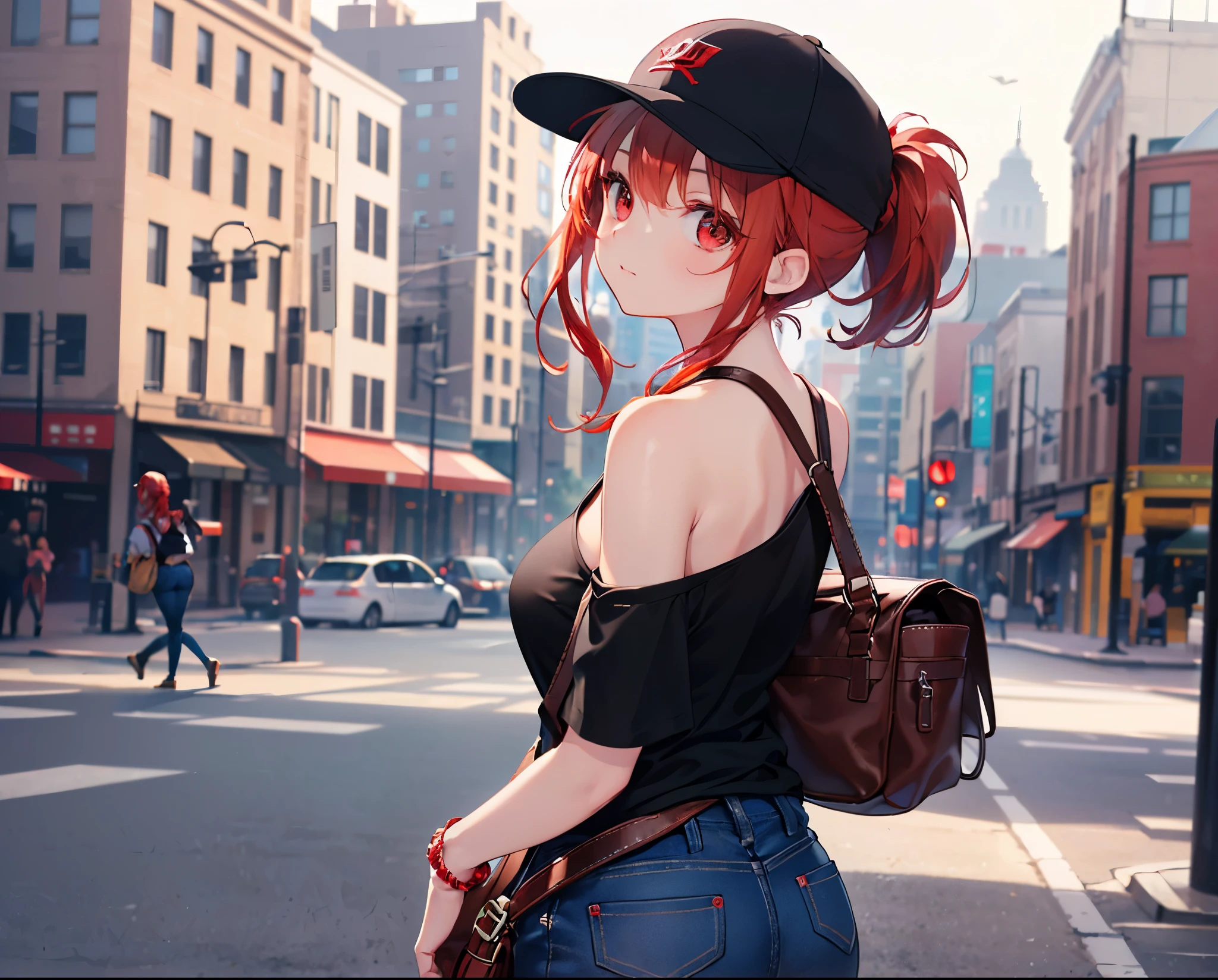 (Close-up:1.3),Realistic,Highest quality, Ultra Detail, High-quality CG rendering, The most delicate and beautiful, Floating softly, High resolution, (1 girl), (Highest quality,4K,8K,masterpiece:1.2),(All red hair:1.5), (ponytail:1.5),(Red eyes:1.5),(Slightly larger breasts:1.2 (Pure white T-shirt:1.3),(Black skinny jeans:1.3),(Black baseball cap:1.3),In the city,old buildings,(Turn your back to your audience:1.3),Butt,Are standing,(Small shoulder bag:1.3),smile