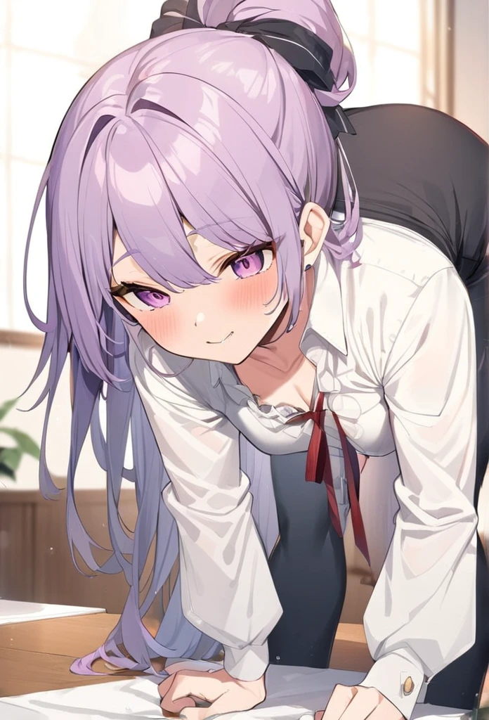 large breasts、wet.arms、looking at viewer、cowboy sot,(((overhead shot)))), ((((1girls/2boys))), spoken 〇〇、nsfw, penis, pussy, under boob,erect nipples present in the indoor pool,Sex between men and women、sketch、Purple Hair、She has a small ribbon on her head、Big Tits、doggystyle