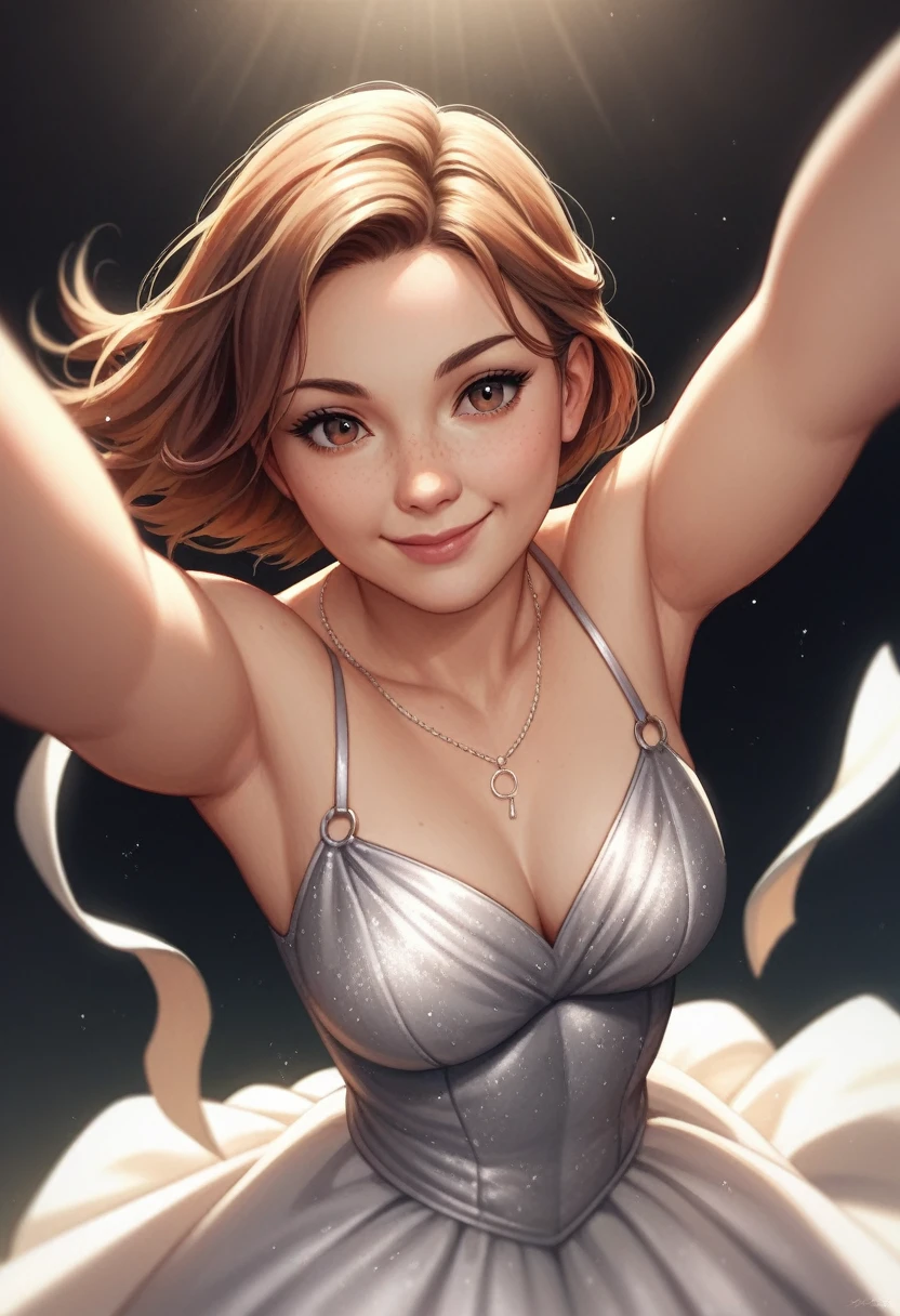 Illustration, detailed illustration, dynamic angle, ultra detailed, best quality, 1girl, 30 year old woman, beautiful, short brown hair, big brown eyes, light freckles, dancing, ballgown, in space, empty space, starfield in background, smile, reaching to viewer, looking at viewer, closed mouth 