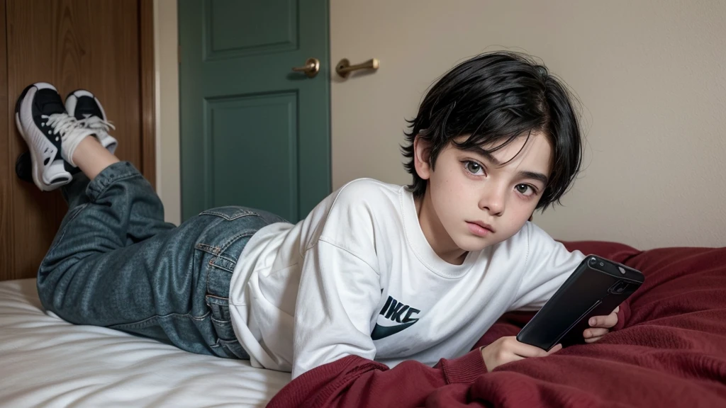 Create a room with just one bed, built-in wall wardrobe, door to the bathroom that is open to show inside there is a boy lying on the bed with a cell phone the boy has the following characteristics make a boy with black hair and green eyes wearing a red sweatshirt and black jeans and white Nike sneakers