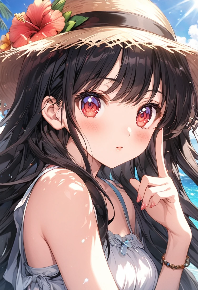 (masterpiece, best quality), very aesthetic, absurdres, extremely detailed CG unity 8k wallpaper, super fine illustration, (detailed_face:1.2), BREAK 1girl, long black hair wearing a straw hat, small breasts, (glamorous expression), red eyes, anime style 8k, beautiful anime portrait, anime moe art style, anime art wallpaper 8k, High quality anime art style, anime style portrait, be familiar with digital anime art, anime art wallpaper 8k, cute anime girl portrait, Hawaii background, blue sea, palm trees, sunlight, whole body, BREAK depth of field, perfect hands, nice fingers, 5_finger, 4_finger,1_thumb,