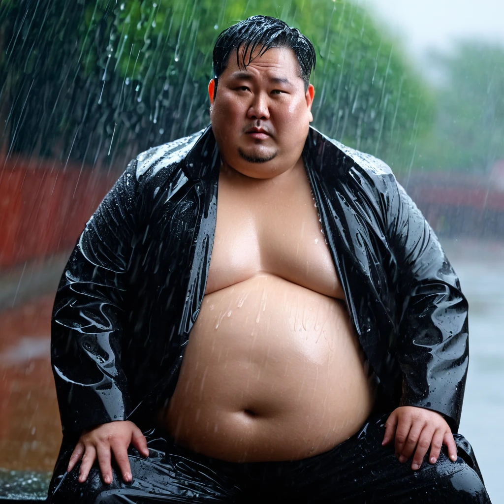 Professional photo, sharp 4K, beautiful light, Man 40 years old, Fat, Chubby, Asian man, no shirt, wearing a coat, Show belly, wet from the rain, Sitting.