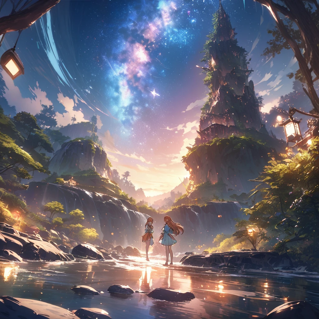 masterpiece,highest quality,ultra-detailed,high-definition background,8K,hi-res,high quality,BREAK,water滴、たくさんのwater滴、water,girl, japanese manga style, sketch, water彩色.Tanabata.milky way、((Orihime and Hikoboshi:1.5))、A radiant smile、Smile、Star of the sky、Mysterious Forest、Fantastic landscape、Fairy's Feast、spring:2