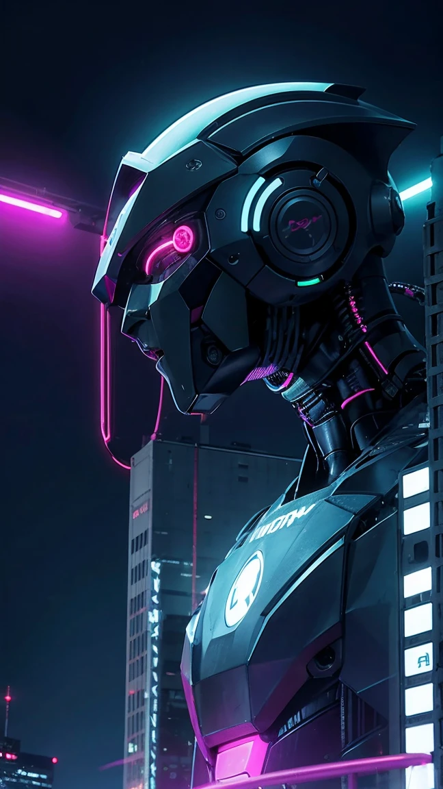 "An AI robot monitoring the monster from the top of a neon-lit building."night neon Txt2Img