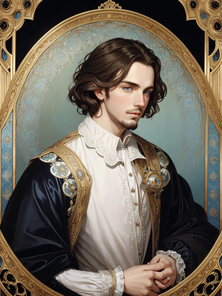 Portrait of Christopher Marlowe, white skin, piercing blue eyes, silky golden-brown hair, refined features, charp jawline, clean shaved, black Elizabethan velvet jerkin, white laced shirt, Mucha style, Mucha background, realism, high quality