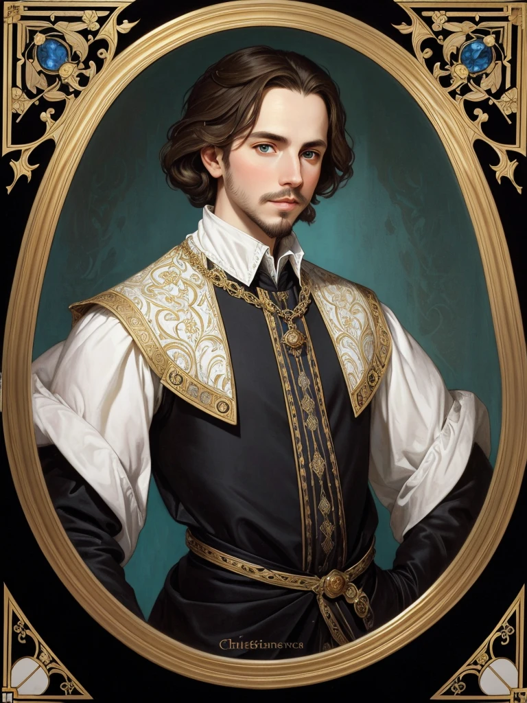 Portrait of Christopher Marlowe, white skin, piercing blue eyes, silky golden-brown hair, refined features, charp jawline, clean shaved, black Elizabethan velvet jerkin, white laced shirt, Mucha style, Mucha background, realism, high quality