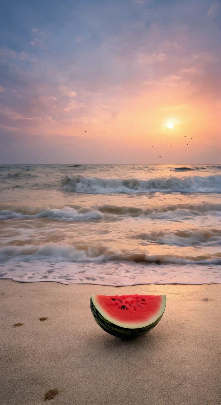 A slice of watermelon,An umbrella,Beach,Sea,sunrise