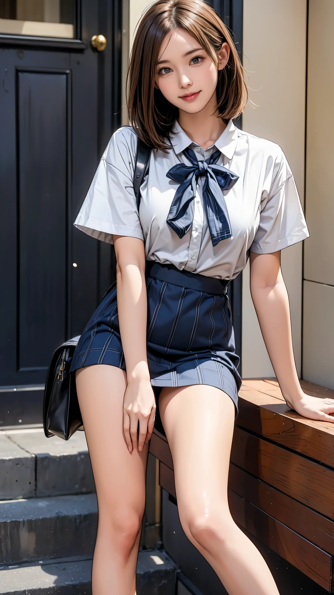 ((masterpiece)),(((Highest quality))),Thin thighs,Long legs,An 18-year-old high school girl standing on the school steps,White shirt,Blue and white plaid mini skirt:1.5,The best smile,Short bob with side waves:1.5，Carrying a black backpack，wear black loafers，Facing the front and spreading legs:1.5，