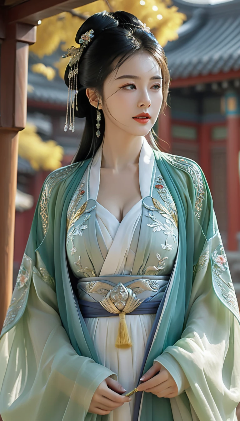 Ultra realistic, Intricate, Epic movie scene),1girl,hanfu,full body,(huge breasts:1.7), casting an otherworldly radiance on its surroundings,(Intricate, Lots of tiny details, amazing lighting, amazing setting),(Colorful, Ultra Realistic, High quality, Highly detailed, Sharp focus, 8K UHD, Ultra realism,(smile:0.3)