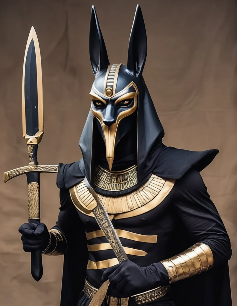 Homem fantasiado de Anubis, intimidating piscopathic man, with Anubis mask, dark energy, wearing a black costume, armed with a knife