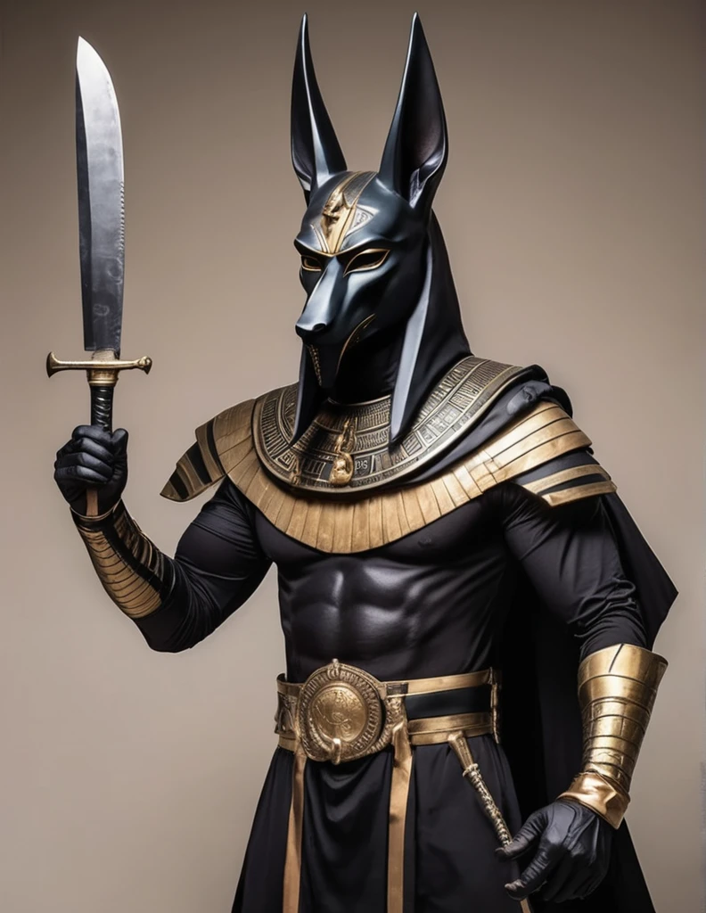 Homem fantasiado de Anubis, intimidating piscopathic man, with Anubis mask, dark energy, wearing a black costume, armed with a knife