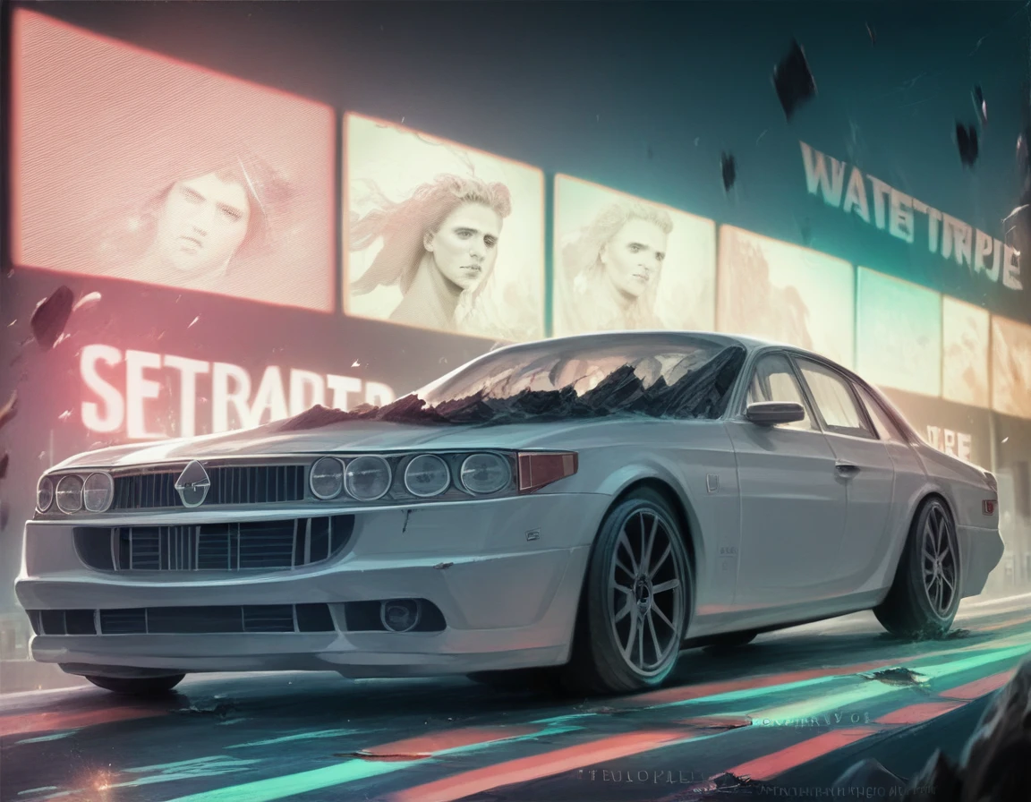 a white modern style car, front isometric view, neon lights tires, ((fire from body)), cyberpunk background, smooth outer texture, bokeh, cinematic shot, destroyed cars in the background, (best quality,8k,highres,masterpiece:1.2),ultra-detailed,(realistic,photorealistic,photo-realistic:1.37),concept art,dystopian,dramatic lighting,cinematic composition,moody atmosphere,vibrant colors