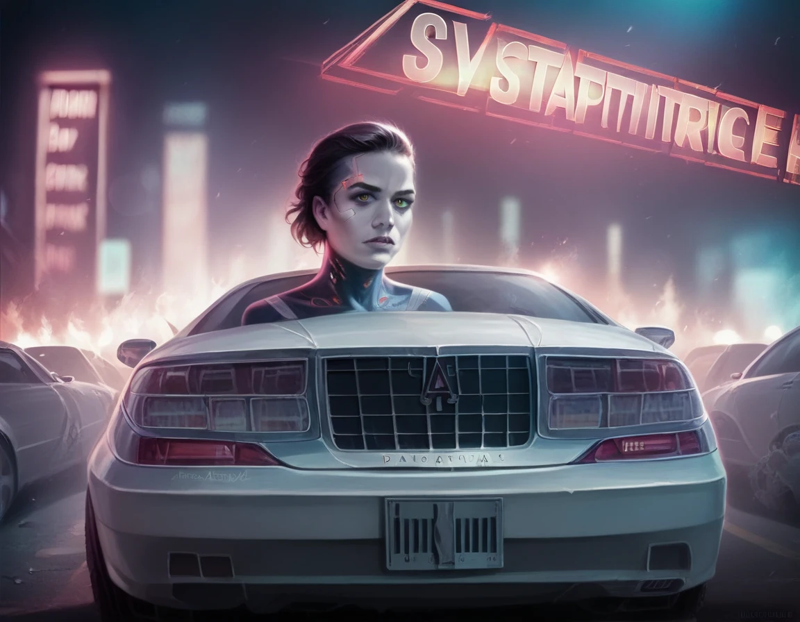 a white modern style car, front isometric view, neon lights tires, ((fire from body)), cyberpunk background, smooth outer texture, bokeh, cinematic shot, destroyed cars in the background, (best quality,8k,highres,masterpiece:1.2),ultra-detailed,(realistic,photorealistic,photo-realistic:1.37),concept art,dystopian,dramatic lighting,cinematic composition,moody atmosphere,vibrant colors