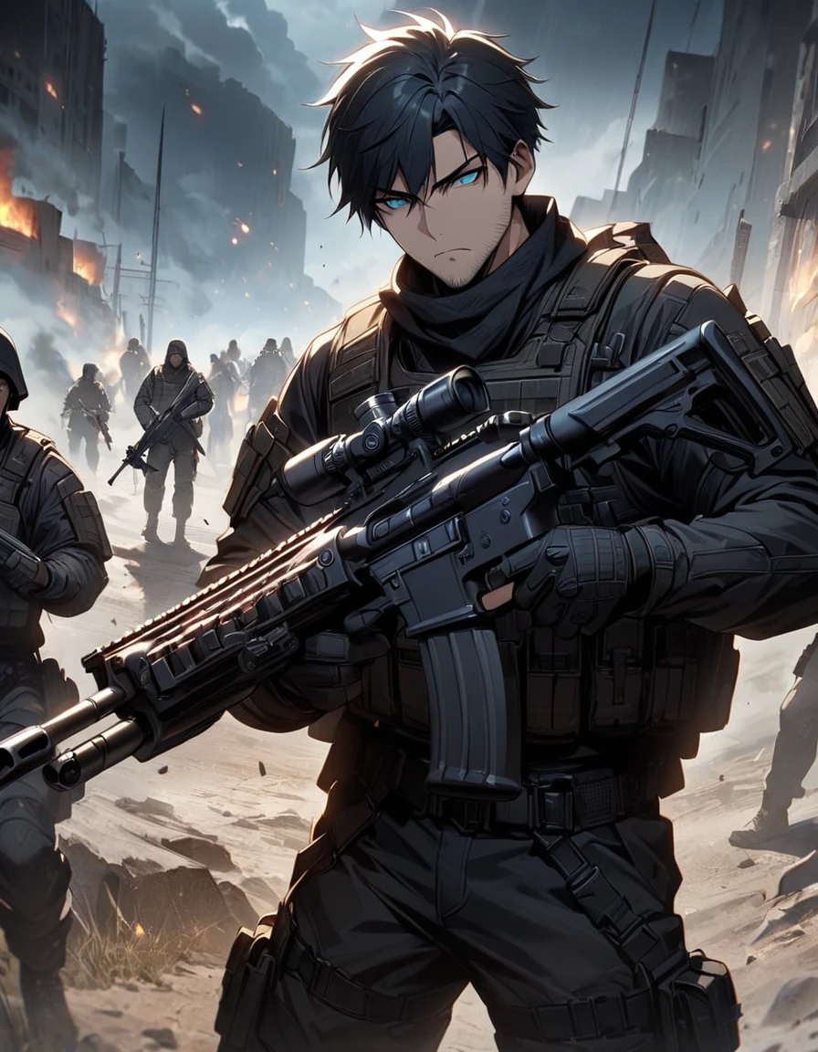 Masterpiece, best quality, 1 man, 30 year old man, focus man, alone, alone focus, black hair, Turquoise eyes, black bulletproof vest, Mercenaries, (holding an assault rifle), Standing position, Standing shooting position, Battlefield backdrop, War zone, serious, solemn face, Dangerous atmosphere.