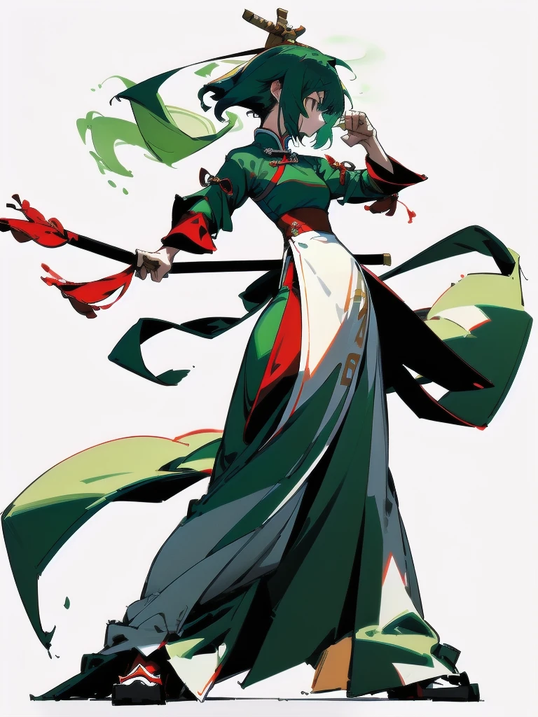 Green Hair、Her hair is short、small breast、upright stance、full body、Fighter、Uniform、Chinese Knight、Chinese style、White background、Simple Background、No exposure、China dress、pants、band、front、White clothes、Kung Fu、slender