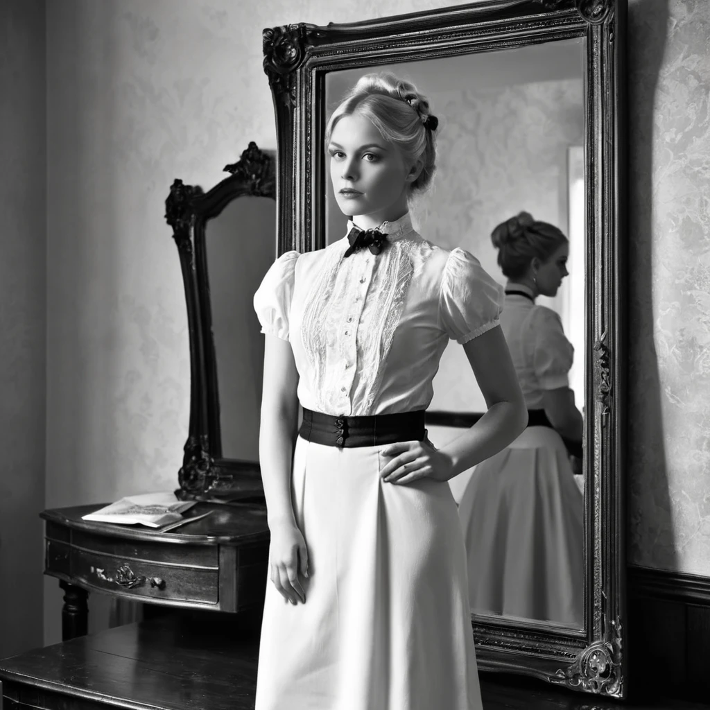 Victorian blonde standing in front of the mirror, Black and white
