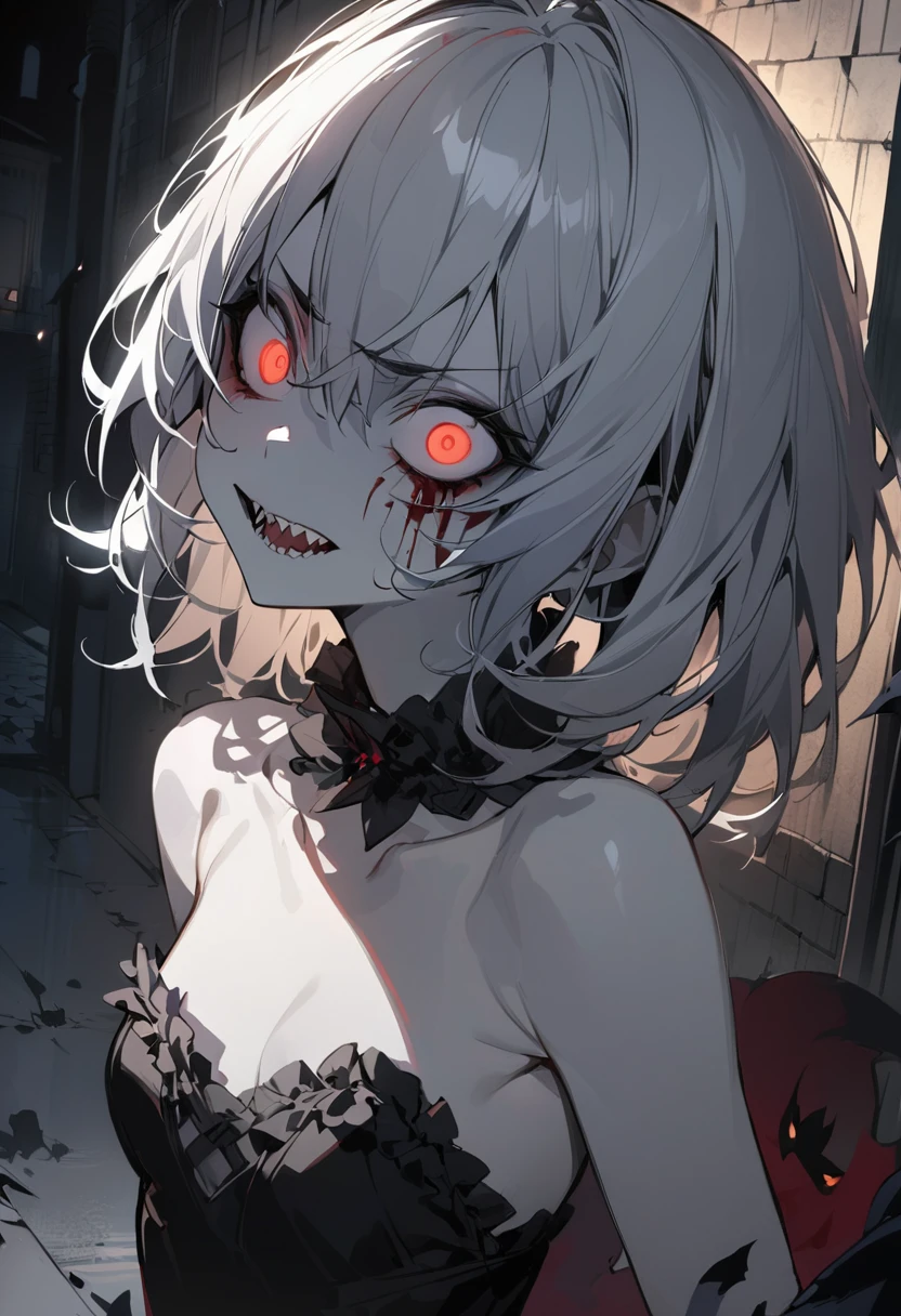 ((best quality)), ((masterpiece)), (detailed), 1girl, ((portrait)), drow, black makeup,(black dress), briar, (night), back alley, ((pale skin)), sharp teeth, ((small breasts)), solo, (crazy eyes), white hair, angry, blood, evil, frills,